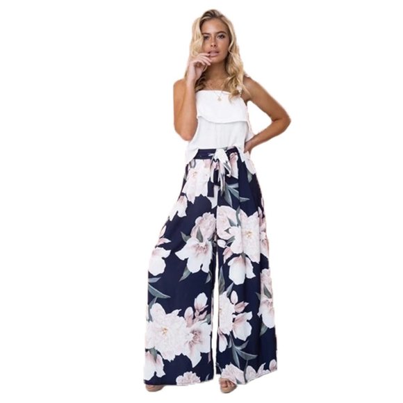 Pants - Floral Navy Lightweight Palazzo Wide Legs Pants NE